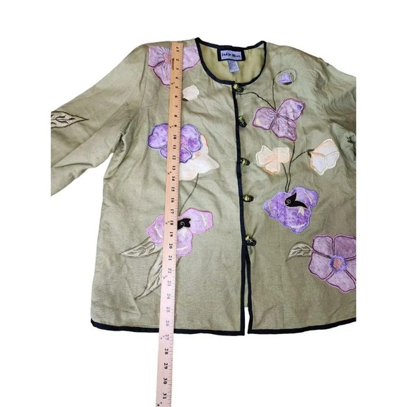 Vintage QVC Indigo Moon Green Embroidered Floral Art Jacket Toggle Buttons Large - Picture 3 of 8